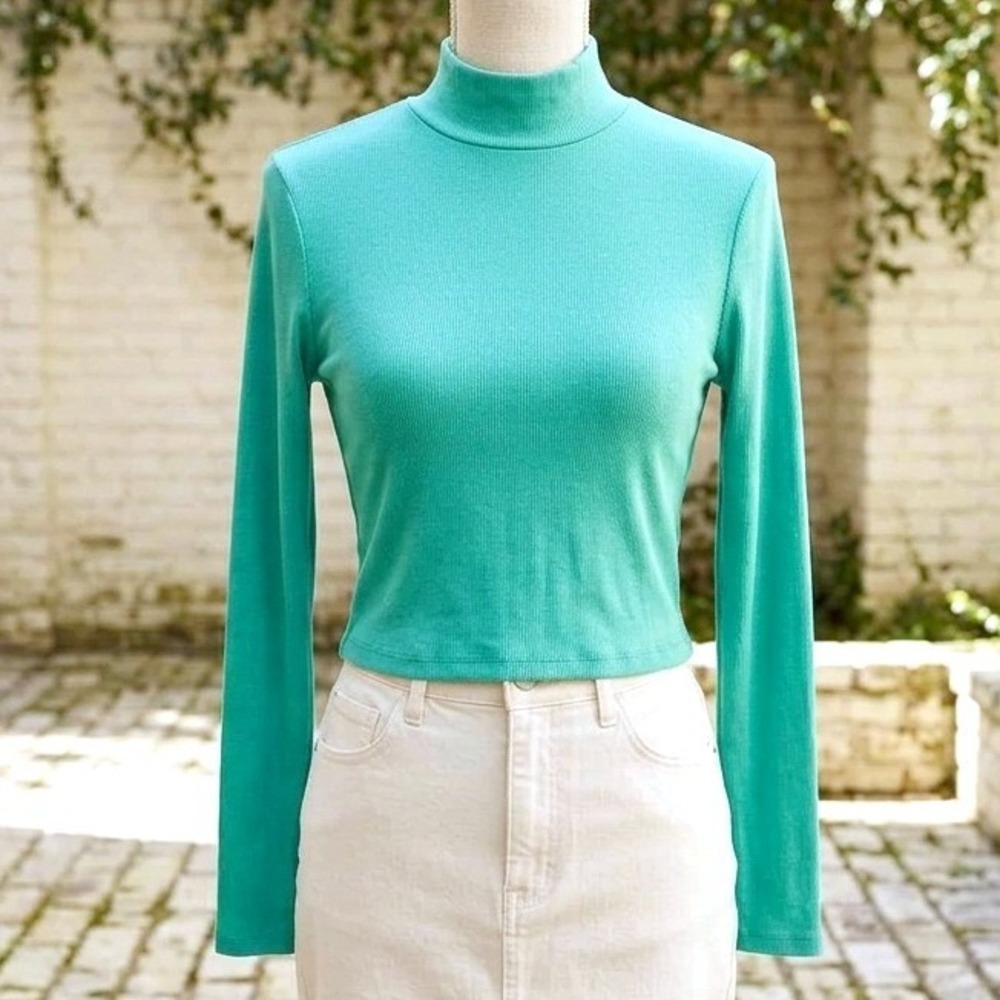 American Eagle Mock Neck Top Green Ribbed Long Sleeve Casual Basic XL